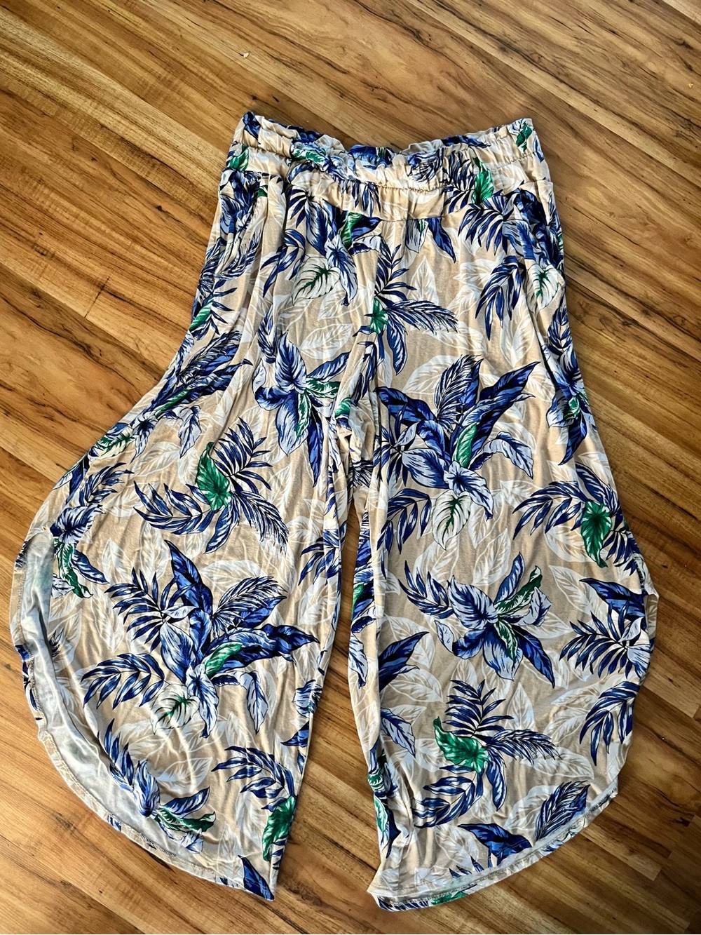 Cupio Tropical Wide Leg Pants Women’s Large Blue Floral Beachy Elastic Waist